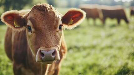 A brown cow with ear tags stands in a green pasture, with other cattle grazing in the background. Perfect for livestock farming content, veterinary publications, and agricultural branding.