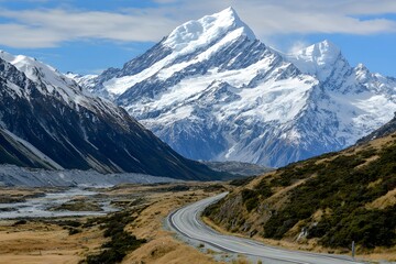 Snowy mountain view with a winding road in the foreground
