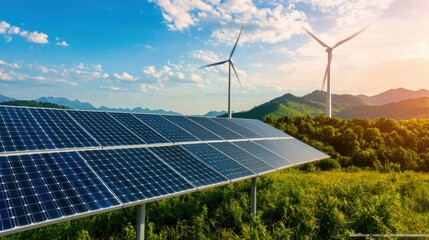 A scenic view featuring solar panels in the foreground and wind turbines behind, highlighting renewable energy against a mountainous backdrop.