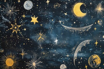 Fototapeta premium Hand-sketched celestial elements like stars, moons, and constellations,