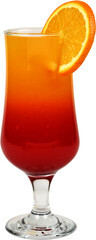 Vibrant two-tone tropical drink in a curved glass with a refreshing orange and red gradient, garnished with a fresh orange slice, perfect for summer parties, beach vibes, or a sunset-inspired cocktail