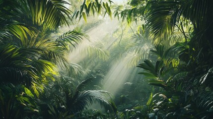 Naklejka premium Sunbeams pierce lush jungle foliage
