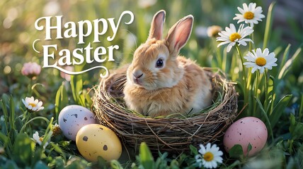 Adorable Easter Bunny Sitting in Bird&rsquo;s Nest Surrounded by Delicate Spring Flowers Pastel-Colored Speckled Eggs Against a Soft-Focused Natural Background Capturing Essence of Easter and Spring Renewal
