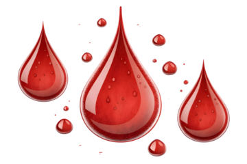 Close up of multiple red liquid droplets on a light surface.