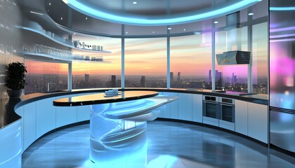 Futuristic kitchen design with sleek cabinetry, glowing blue accents, and a stunning city view at night