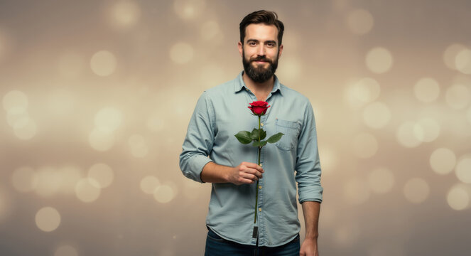 Man with beard in blue shirt holding red rose against bokeh background. Romantic gesture concept for valentine day celebration and dating advertisement