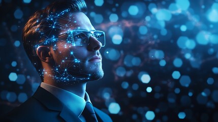 Futuristic businessman with digital face scan overlay.