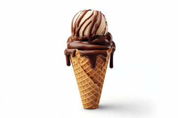 Chocolate ice cream scoop in waffle cone topped with chocolate sauce, isolated dessert – gourmet food photography