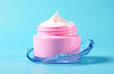 pink jar with face cream against a blue background, the wave covers this jar