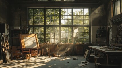 Sunlight streams into an artist's workshop, tools and canvases scattered about