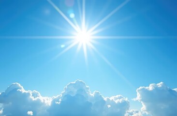 Blue sky with clouds. Sun with lens flare