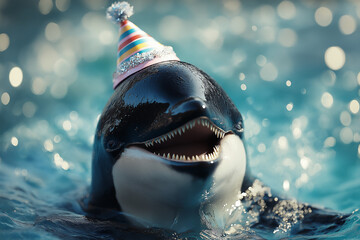 Orca celebration party with a hat in water, featuring marine life and an oceanic mammal smile