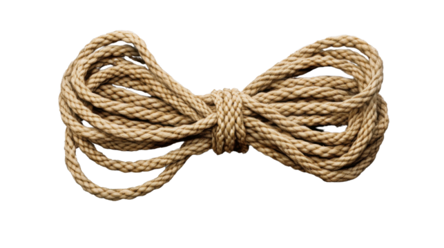 Close-up of a strong twisted rope tied with brown jute fiber showing rough texture and intricate knot detail