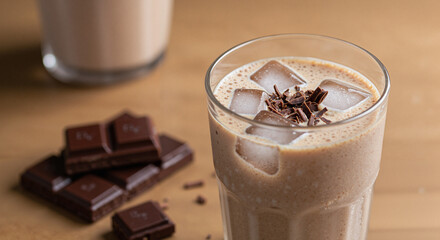 Iced chocolate drink with ice cubes and chocolate shavings  