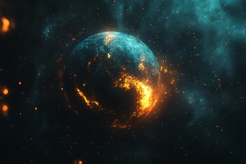Fototapeta premium Burning Planet in Cosmic Nebula