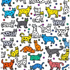 Fototapeta premium Colorful pattern of dotted cats displayed against a white background, with swirling tails and a whimsical design