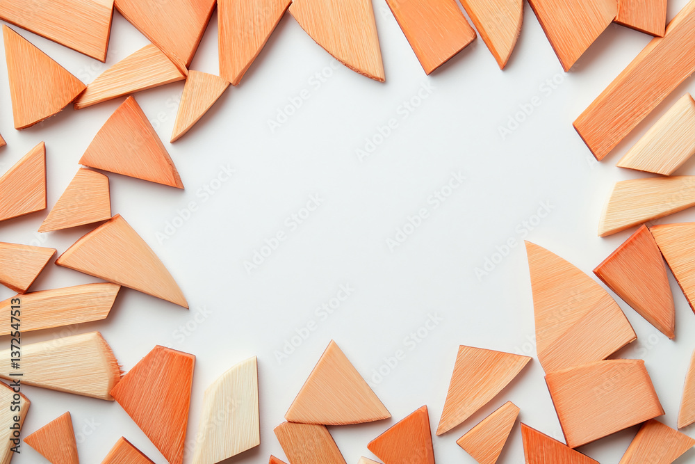 Poster peach-toned wood pieces arranged in a frame around a white background, offering free space for text 