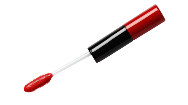 Crimson Kiss: A close-up shot of a red lip gloss applicator, ready to paint the lips. Focus on the vivid color and the precision applicator