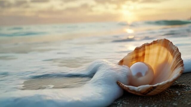 In the image, a shell with a pearl inside lies on a sandy beach. Small waves are lapping around the sink, and in the background you can see the sunset reflected in the water.