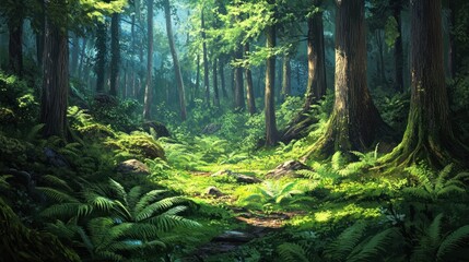 Obraz premium Sunlit Forest Path Through Lush Undergrowth