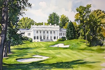 Obraz premium Serene Golf Course Estate A Watercolor Painting of a Classic Mansion on a Lush Green Fairway.
