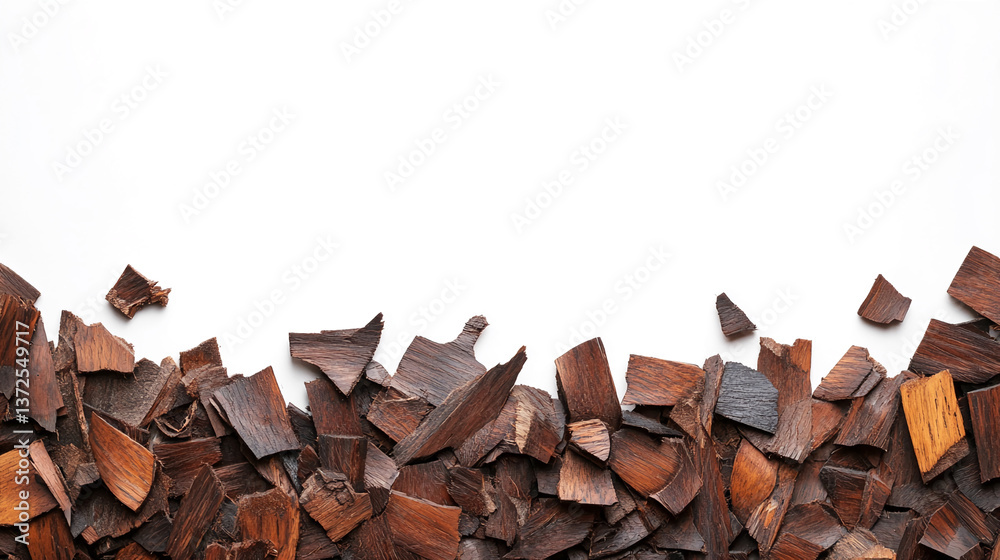 Poster brown wood chips scattered on white background, creating a rustic and natural texture, showcasing a 