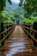 Wooden Suspension Bridge Amidst Lush Green Forest Canopy on a Rainy Day Serene Nature Scenery Tranquil Environment Adventure Travel Destination