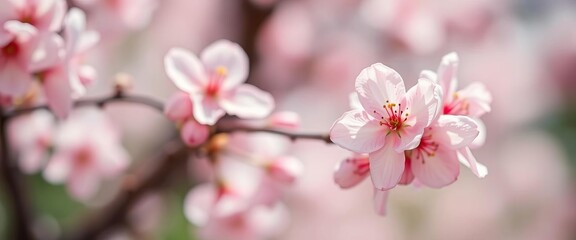 Fototapeta premium Soft-focus pastel pink blossoms, delicate petals, dreamy bokeh, abstract background, blossom