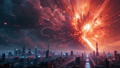 Dramatic Explosion Over Urban Skyline at Sunset with Fiery Clouds