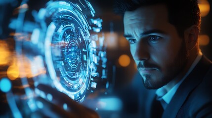 Businessman analyzing futuristic holographic data.