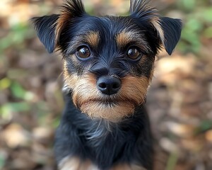 A small adorable dog with expressive eyes looks directly towards the camera