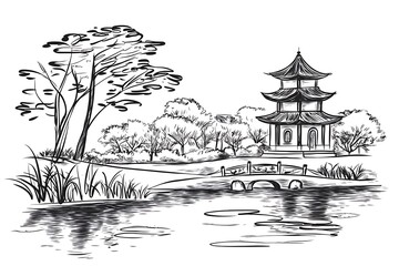 Naklejka premium Serene Asian Garden Scene Hand-Drawn Illustration of Pagoda, Bridge, and Pond.
