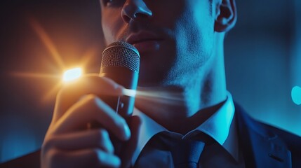 Close up of a man speaking into a microphone.