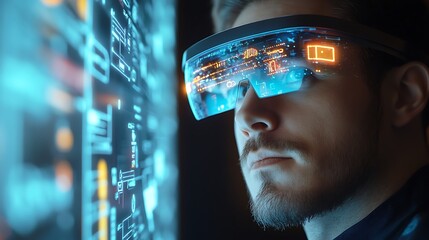 Man wearing futuristic smart glasses, analyzing data.