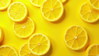 Fototapeta premium Golden yellow backdrop with overlapping juicy lemon slices forming continuous pattern, juicy, slices