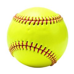 Close-up image of a yellow softball with red stitching against a black background.