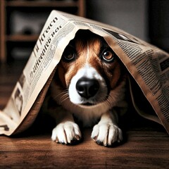 cute dog below newspaper blanket 
