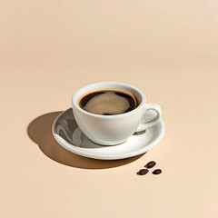 Double Espresso shot served in a small glass cup on a beige background with soft shadows.