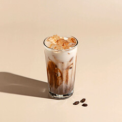 Iced mocha with espresso, chocolate syrup, milk, and ice in a glass cup on a beige background with soft shadows.
