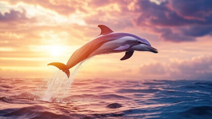 Dolphin's acrobatic leap against a stunning sunset landscape over the ocean horizon