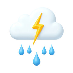 3D illustration of a cute cartoon thunderstorm icon with rain drops and lightning bolt.