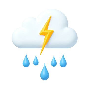 3D illustration of a cute cartoon thunderstorm icon with rain drops and lightning bolt.