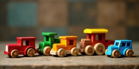 Fototapeta premium Wooden train set on rustic table, colorful cars , wheels, transport