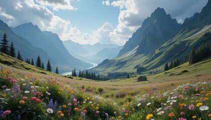 Serene Mountain Valley Landscapes with Colorful Wildflowers