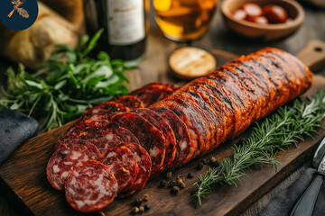 Delicious salami slices with aromatic herbs on rustic board, perfect for a gourmet appetizer