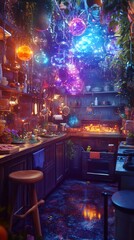 Enchanted kitchen scene with glowing orbs, vibrant plants, and mystical atmosphere. Perfect for fantasy, magic, or whimsical themes.