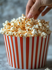 Enjoy delicious popcorn snack with buttery kernels in a striped box at the cinema