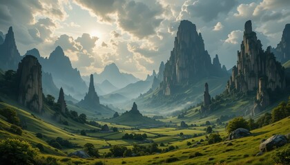 Fototapeta premium Majestic Mountain Landscape with Dramatic Clouds and Lush Greenery