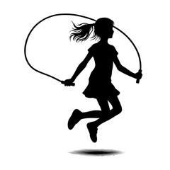 Girl Jumping with a Rope Silhouette on White Background  