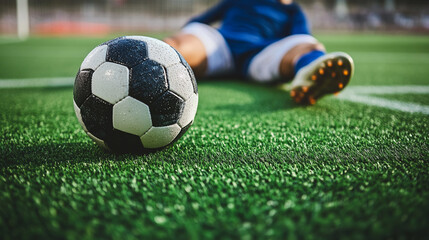 Close-up of wet soccer ball on green artificial turf, blurred soccer player in background, depicting game pause or break